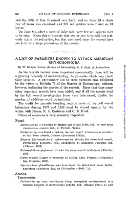 A LIST of PARASITES KNOWN to ATTACK AMERICAN RHYNCHOPHORA Downloaded from by W