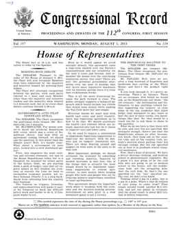 Congressional Record United States Th of America PROCEEDINGS and DEBATES of the 112 CONGRESS, FIRST SESSION