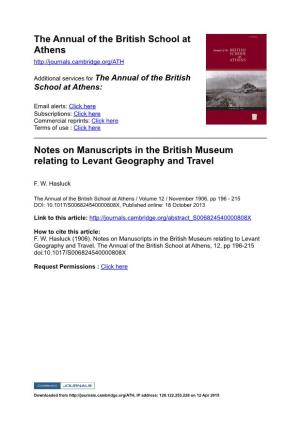 The Annual of the British School at Athens Notes on Manuscripts in The
