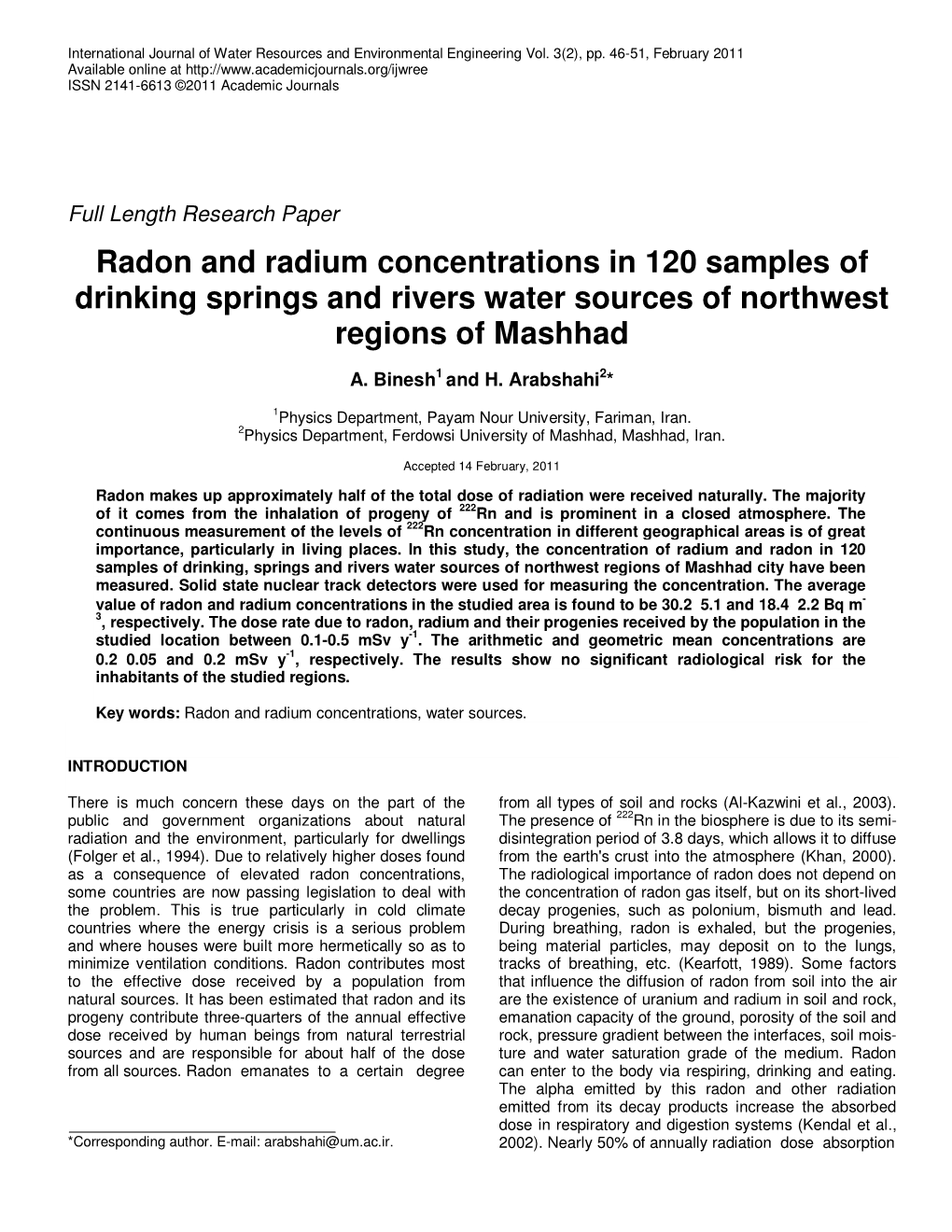 Radon and Radium Concentrations in 120 Samples of Drinking Springs and Rivers Water Sources of Northwest Regions of Mashhad