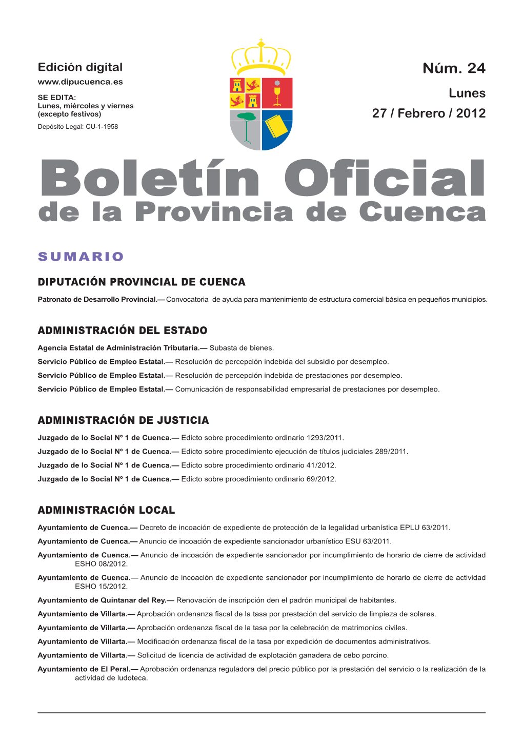 Boletín Oficial De La Provincia De Cuenca Sumario Diputación Provincial De Cuenca