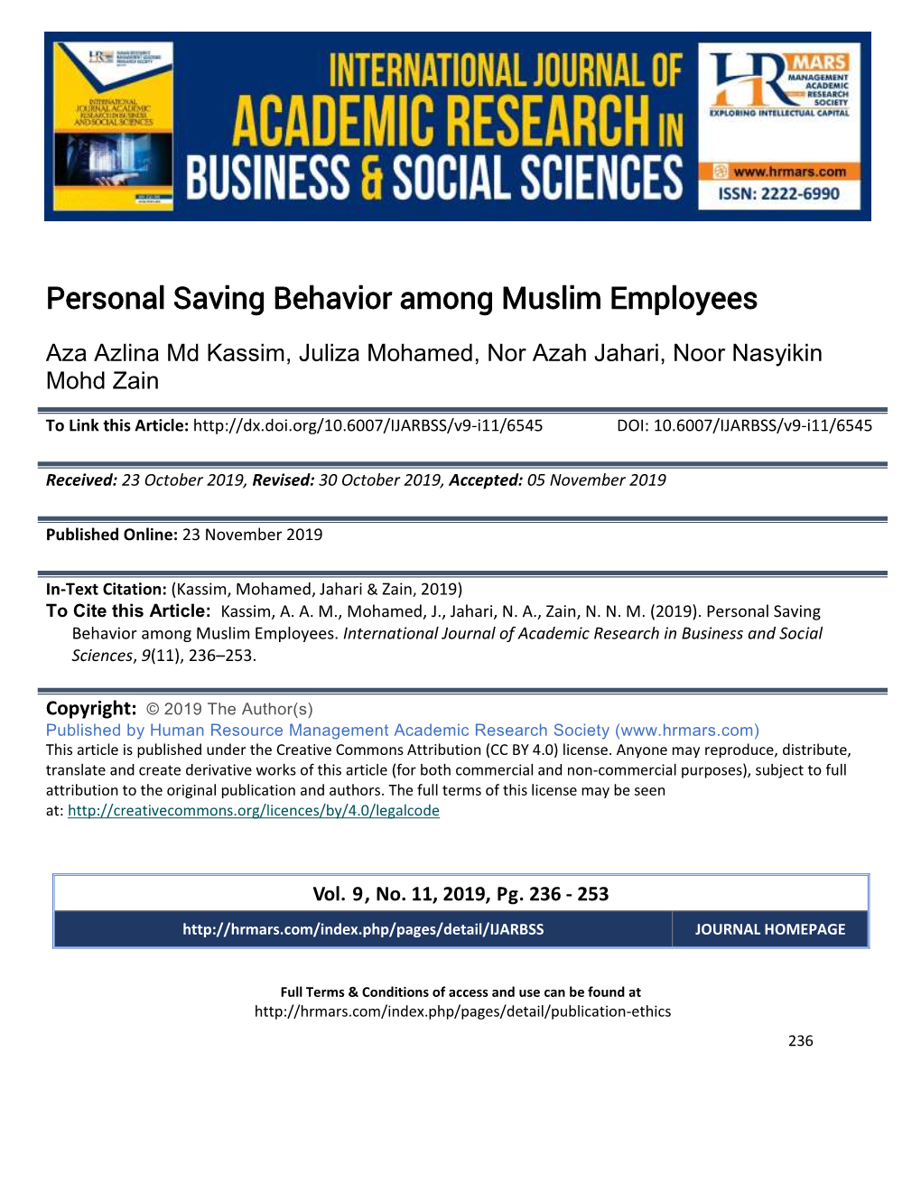 Personal Saving Behavior Among Muslim Employees