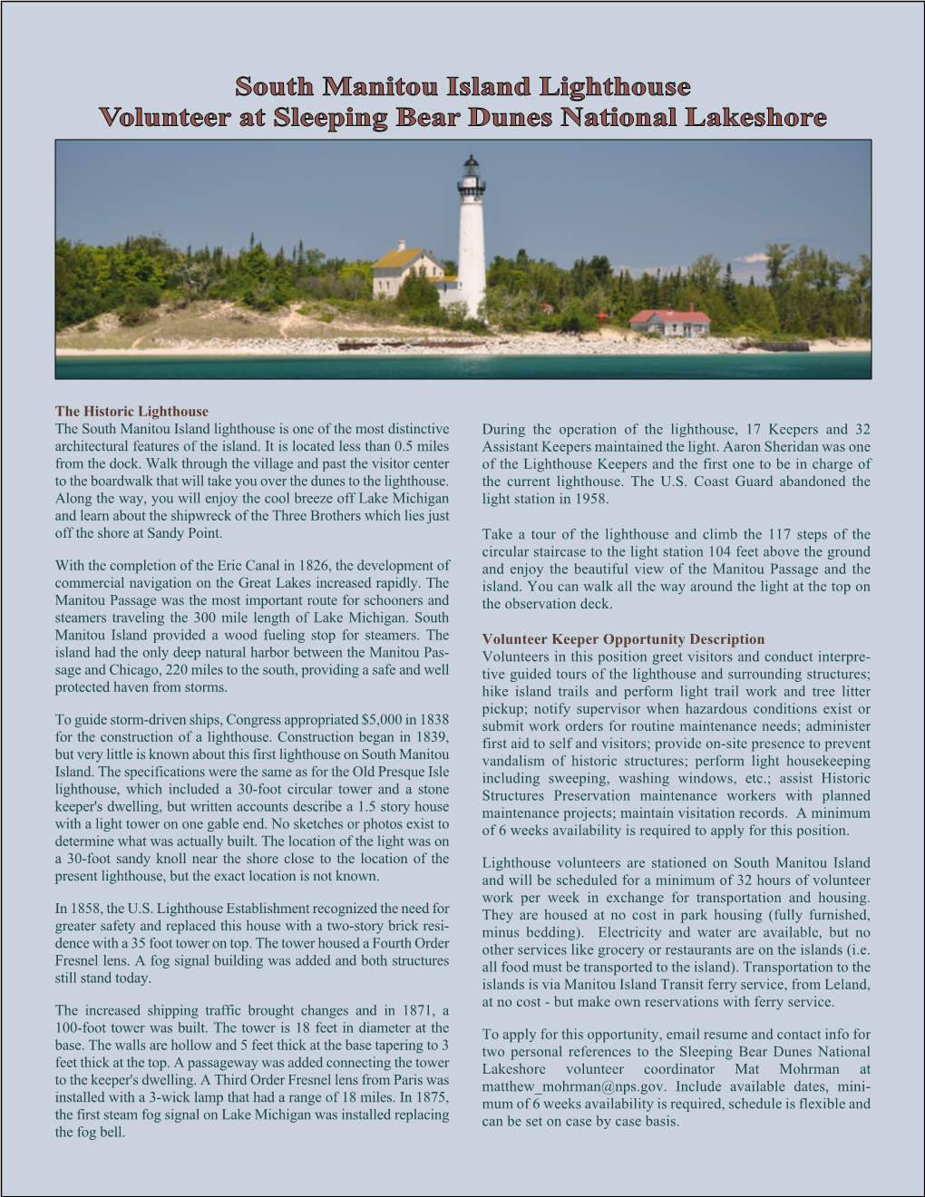 South Manitou Island Lighthouse Volunteer at Sleeping Bear Dunes National Lakeshore