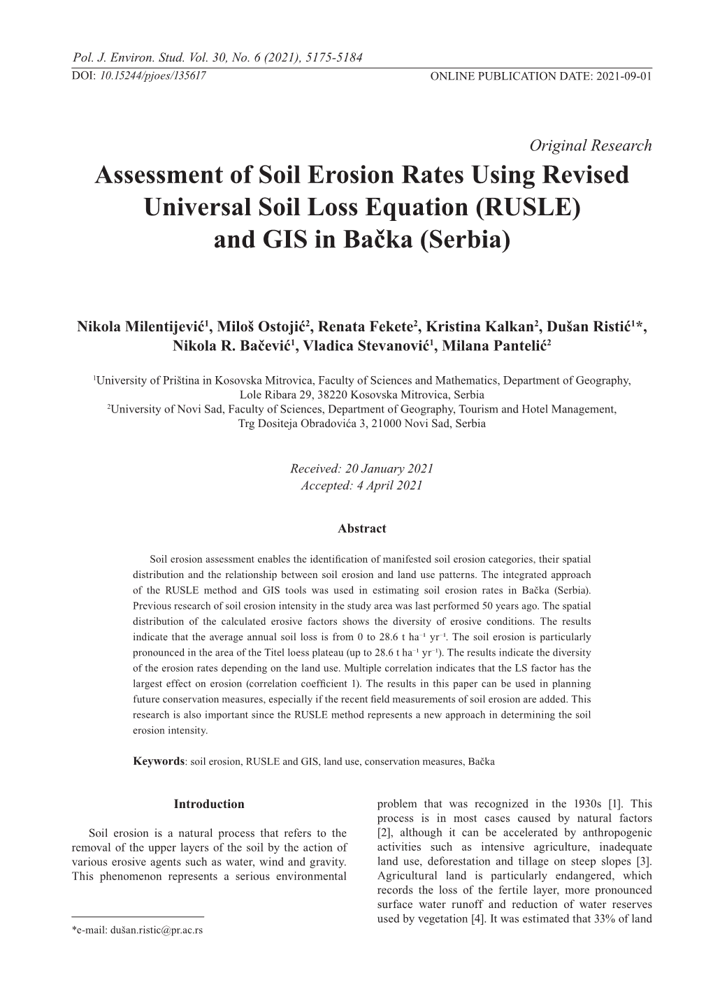 Assessment of Soil Erosion Rates Using Revised Universal Soil Loss Equation (RUSLE) and GIS in Bačka (Serbia)