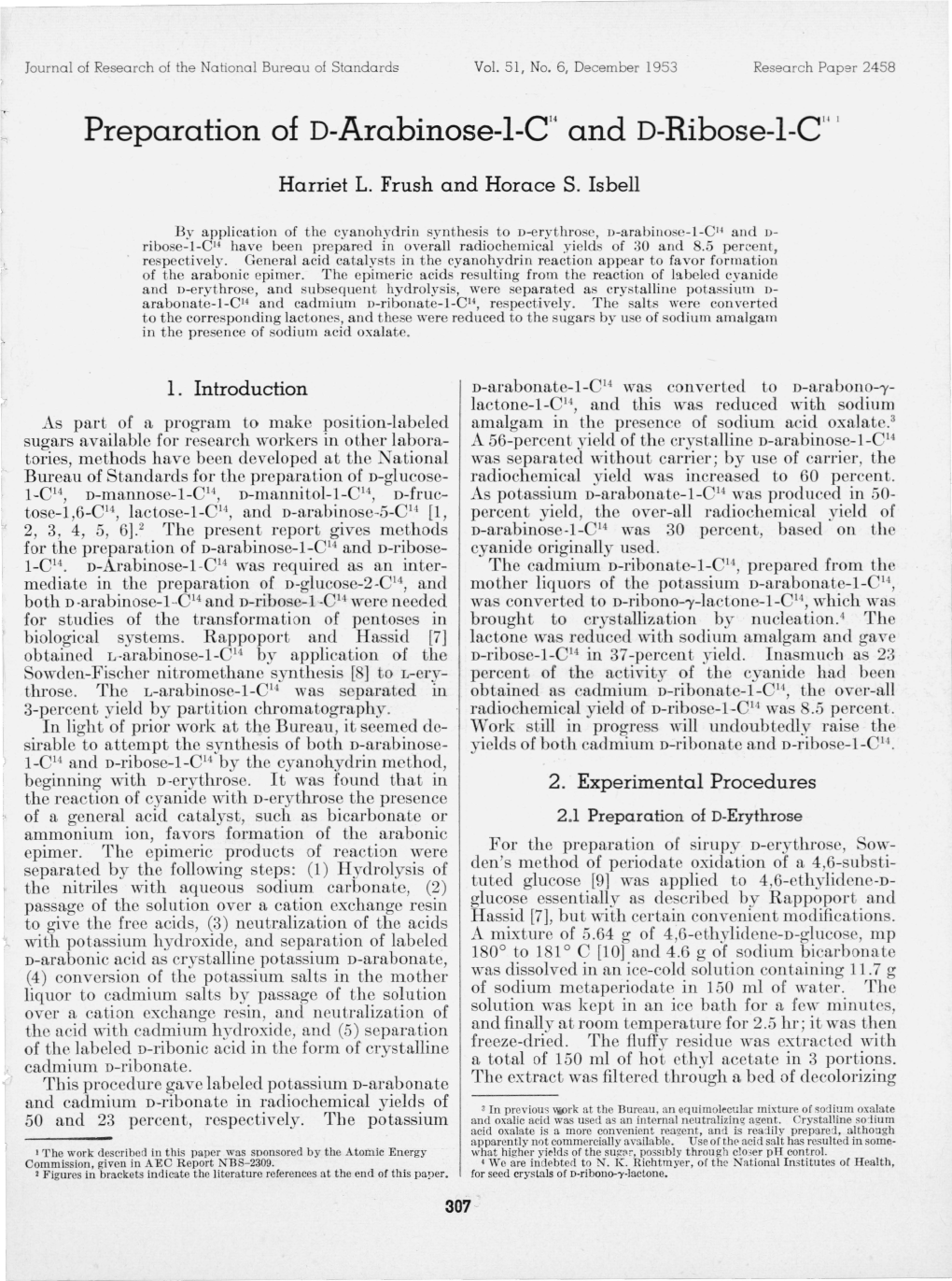 Preparation of D-Arabinose-1-C^14 and D-Ribose-1-C^14