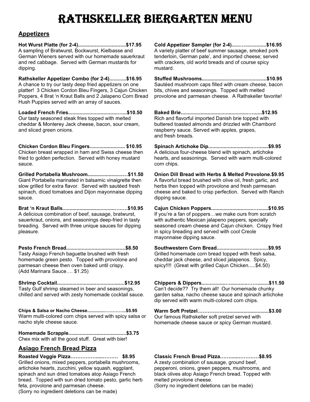 Rathskeller Biergarten Menu