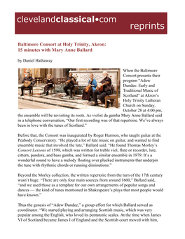 Baltimore Consort at Holy Trinity, Akron: 15 Minutes with Mary Anne Ballard by Daniel Hathaway