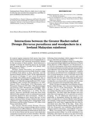Interactions Between the Greater Racket-Tailed Drongo Dicrurus Paradiseus and Woodpeckers in a Lowland Malaysian Rainforest