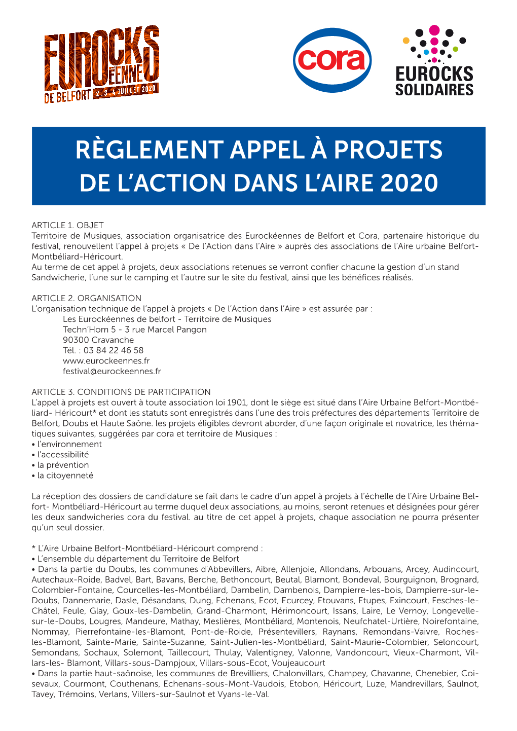 Règlement Appel À Projets De L’Action Dans L’Aire 2020