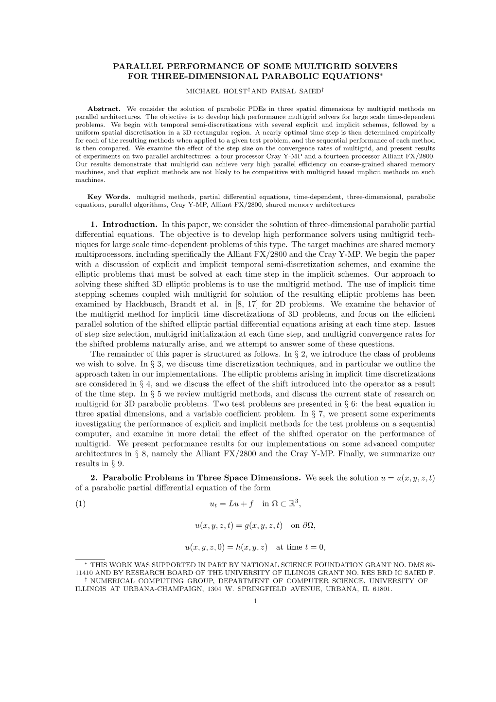 Parallel Performance of Some Multigrid Solvers for Three-Dimensional Parabolic Equations∗