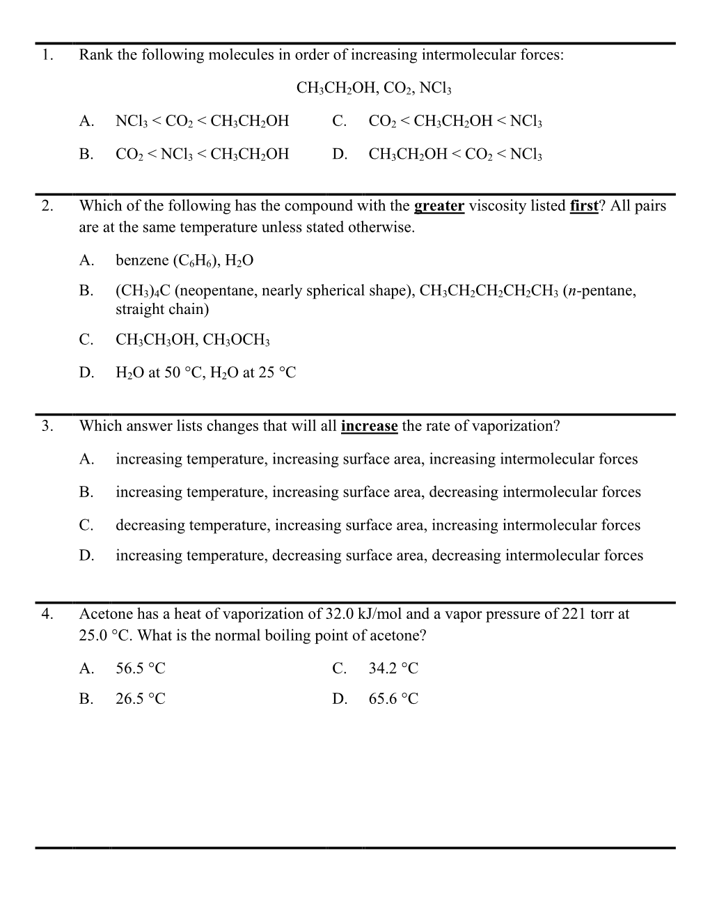 1. Rank The Following Molecules In Order Of Increasing Intermolecular 