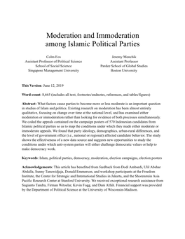 Moderation and Immoderation Among Islamic Political Parties