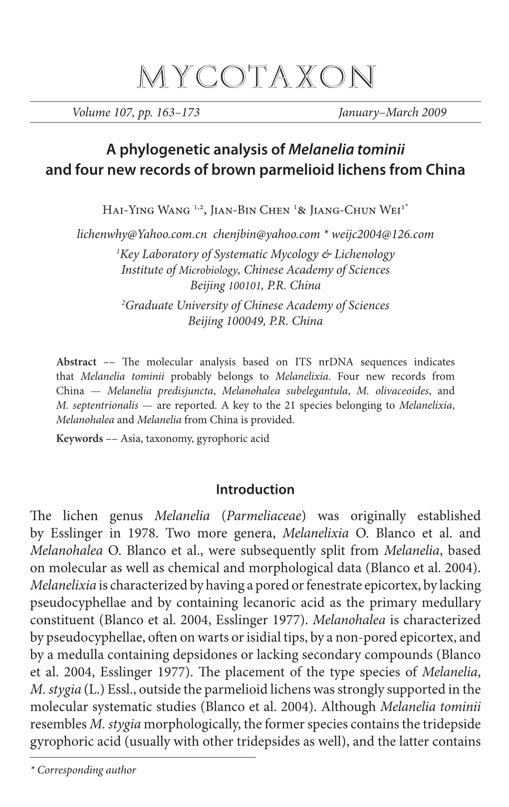 A Phylogenetic Analysis of &lt;I&gt;Melanelia