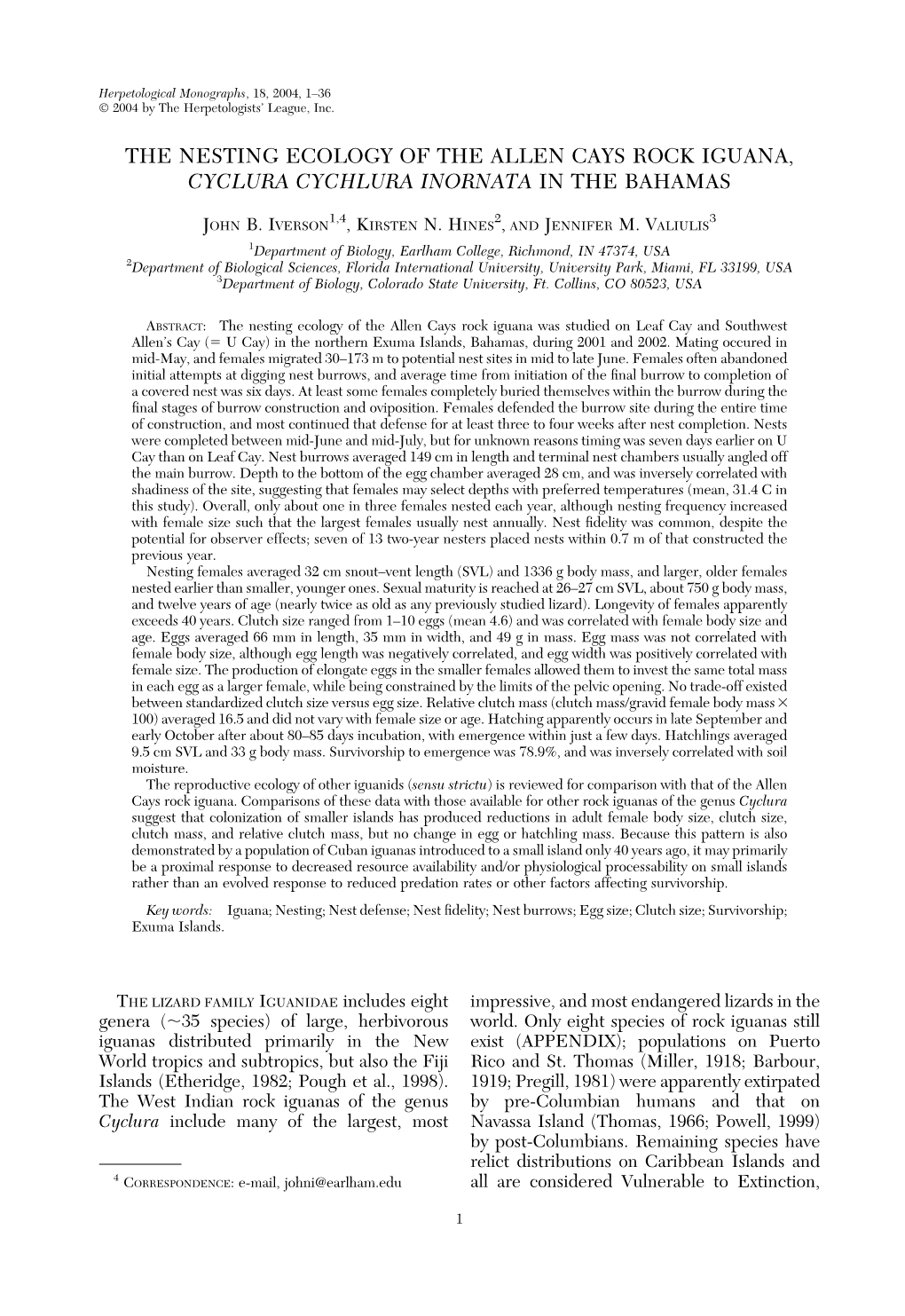 The Nesting Ecology of the Allen Cays Rock Iguana, Cyclura Cychlura Inornata in the Bahamas