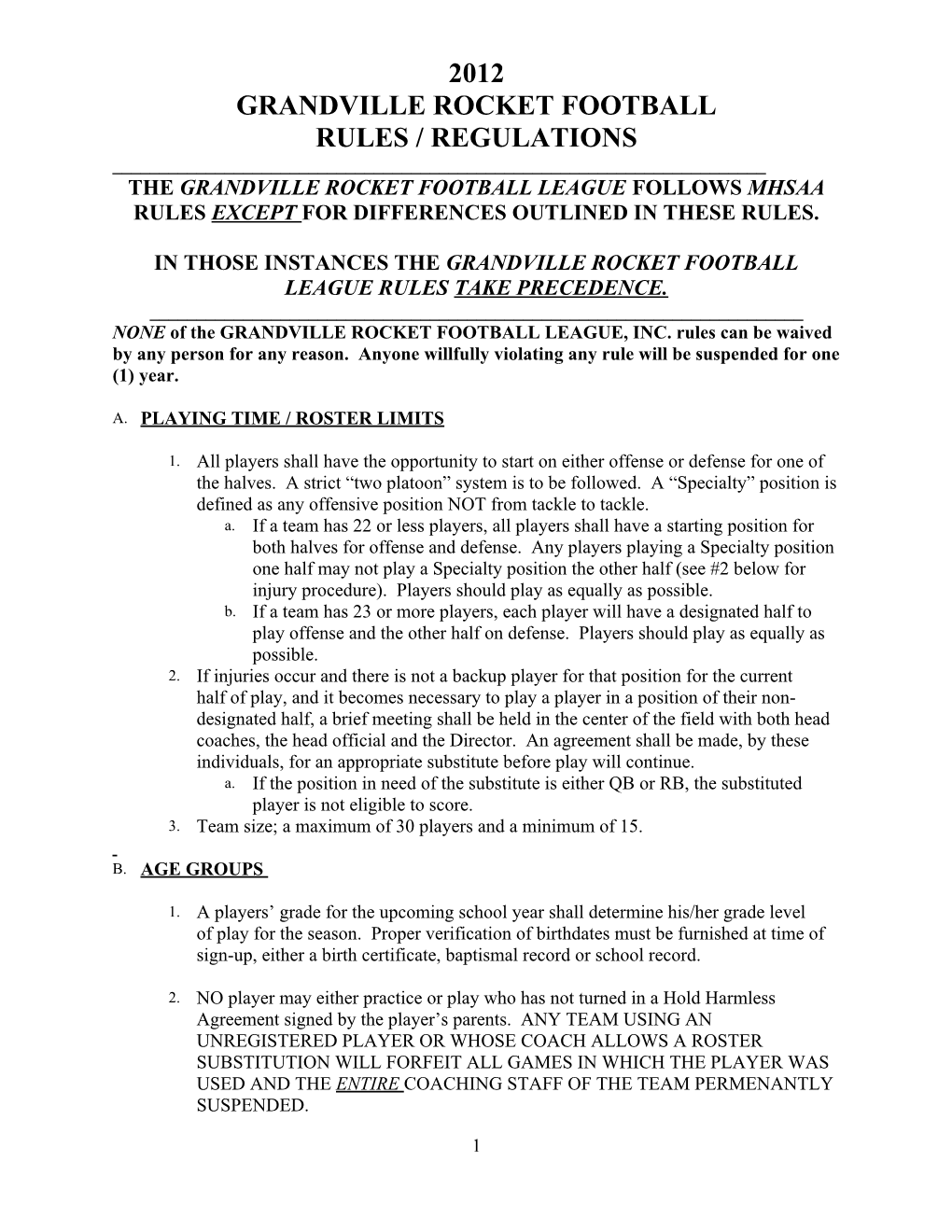 2012 Grandville Rocket Football Rules / Regulations ______The Grandville Rocket Football League Follows Mhsaa Rules Except for Differences Outlined in These Rules