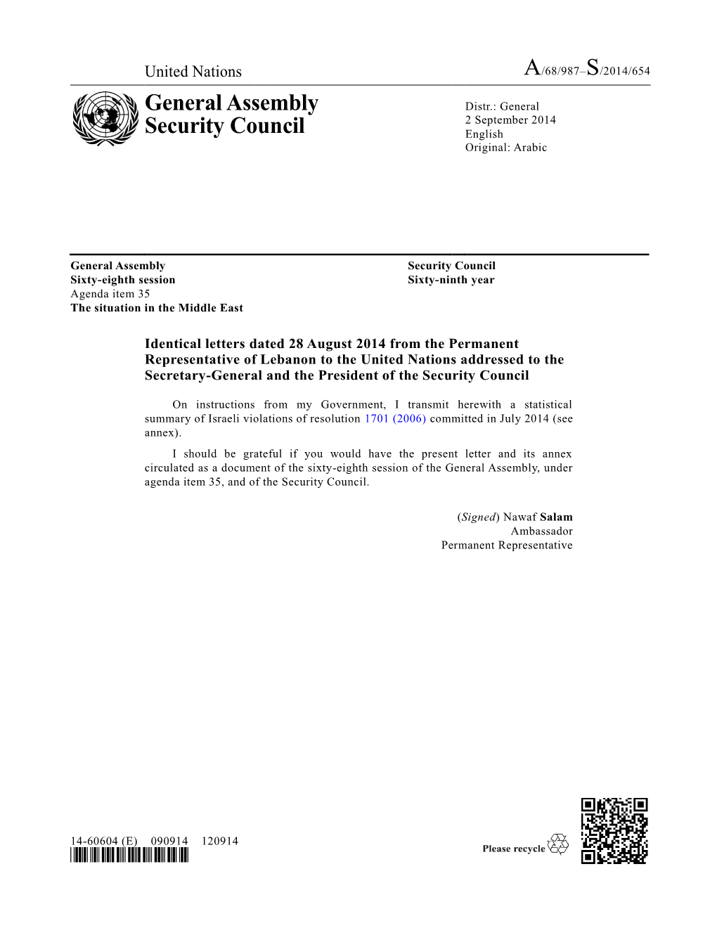 General Assembly Security Council Sixty-Eighth Session Sixty-Ninth Year Agenda Item 35 the Situation in the Middle East