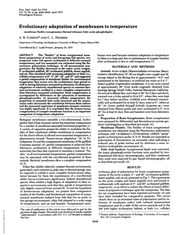 Evolutionary Adaptation of Membranes to Temperature (Membrane Fluidity/Synaptosomes/Thermal Tolerance/Fatty Acids/Phospholipids) A