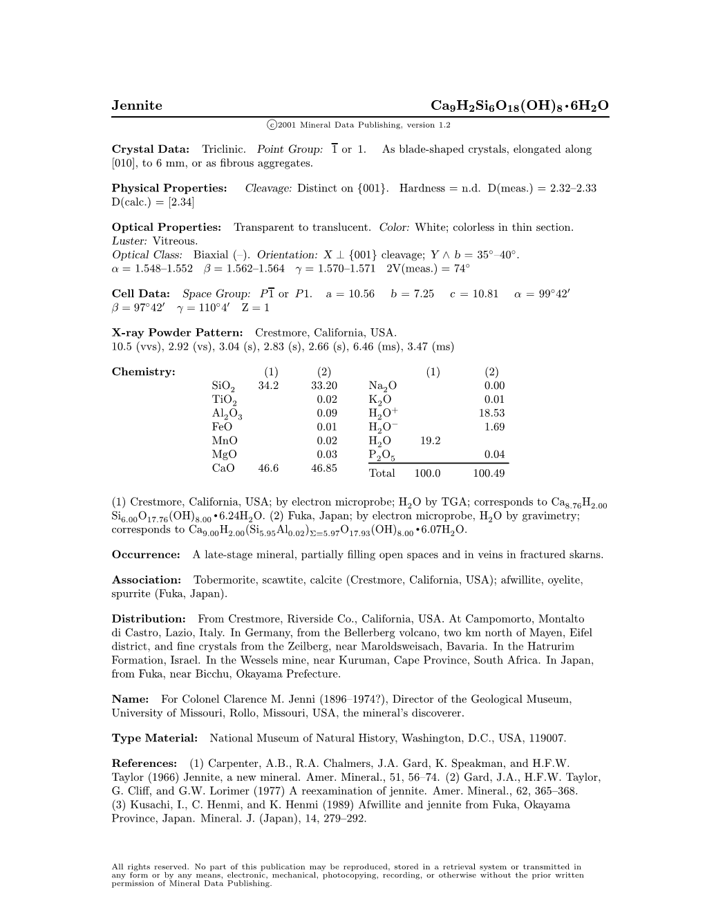 Jennite Ca9h2si6o18(OH)8 ² 6H2O C 2001 Mineral Data Publishing, Version 1.2 ° Crystal Data: Triclinic