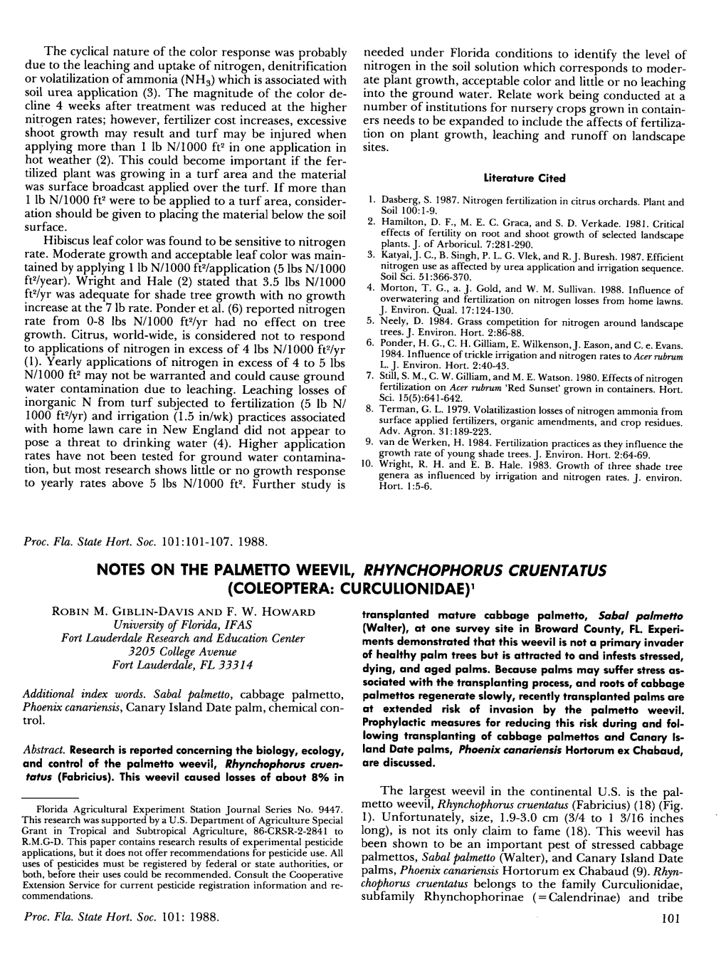 Notes on the Palmetto Weevil, Rhynchophoru5 Cruentatus (Coleoptera: Curculionidae)1