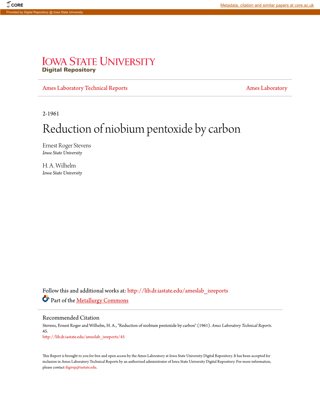 Reduction of Niobium Pentoxide by Carbon Ernest Roger Stevens Iowa State University