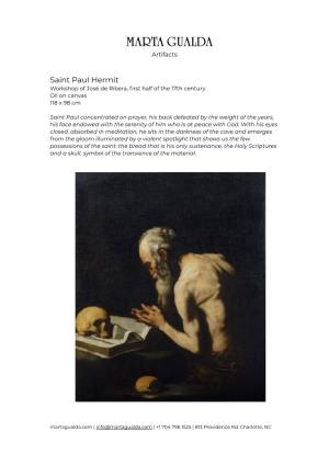 Saint Paul Hermit Workshop of José De Ribera, ﬁrst Half of the 17Th Century Oil on Canvas 118 X 98 Cm