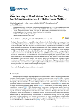 Geochemistry of Flood Waters from the Tar River, North Carolina Associated with Hurricane Matthew