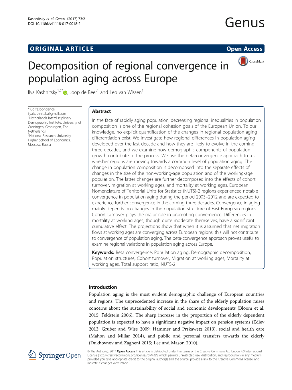 Decomposition of Regional Convergence in Population Aging Across Europe Ilya Kashnitsky1,2* , Joop De Beer1 and Leo Van Wissen1