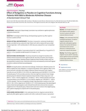 Effect of Rotigotine Vs Placebo on Cognitive Functions Among Patients with Mild to Moderate Alzheimer Disease a Randomized Clinical Trial