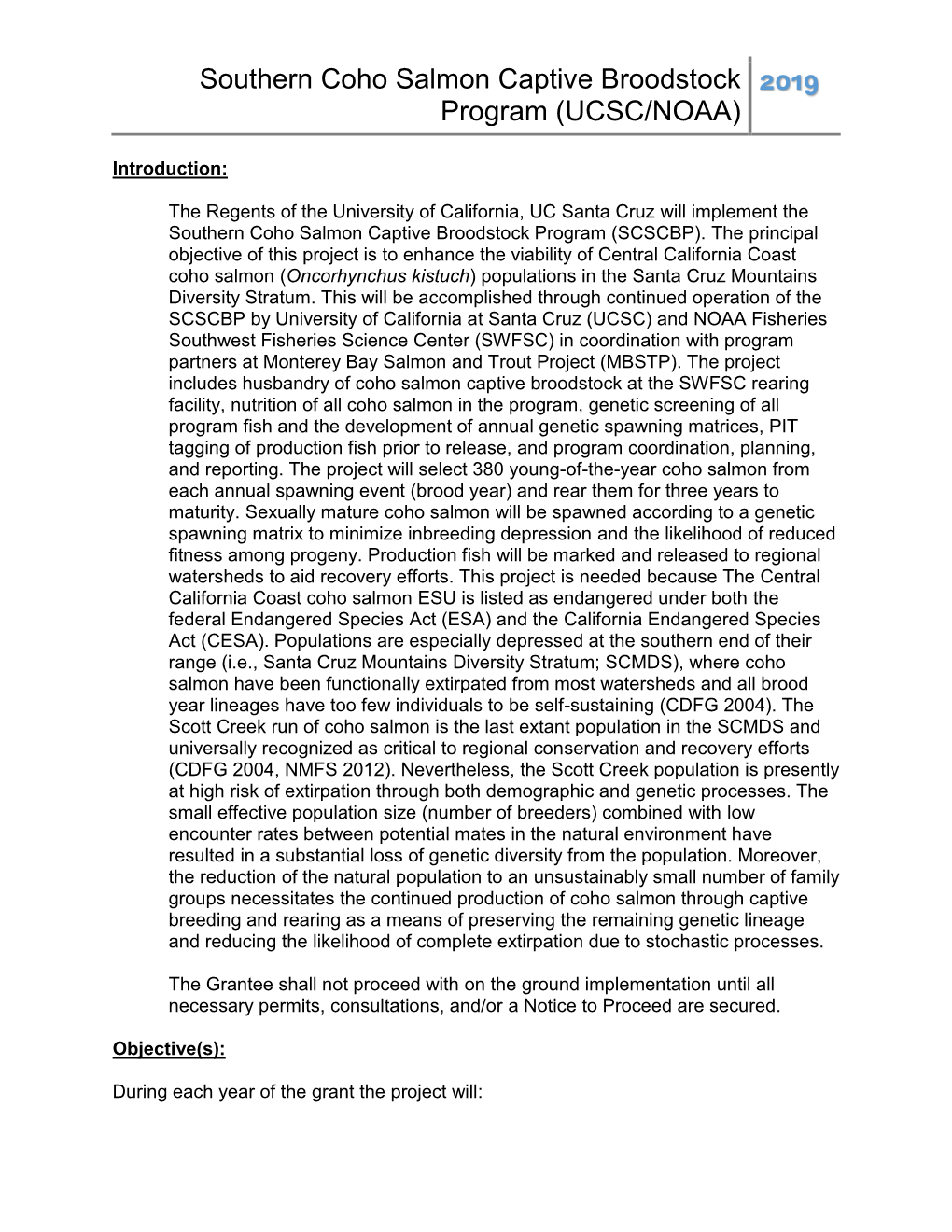 Southern Coho Salmon Captive Broodstock Program (UCSC/NOAA) 2019