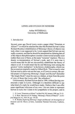 LEWIS and SYLVAN on NONEISM 1. Introduction Arthur WITHERALL
