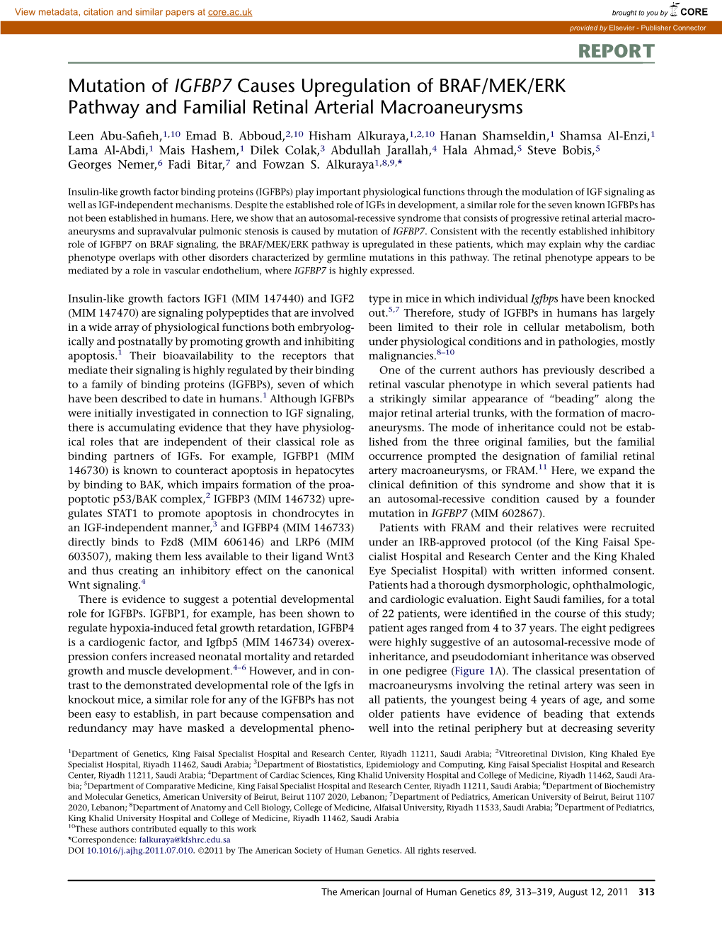 Mutation of IGFBP7 Causes Upregulation of BRAF/MEK/ERK Pathway and Familial Retinal Arterial Macroaneurysms