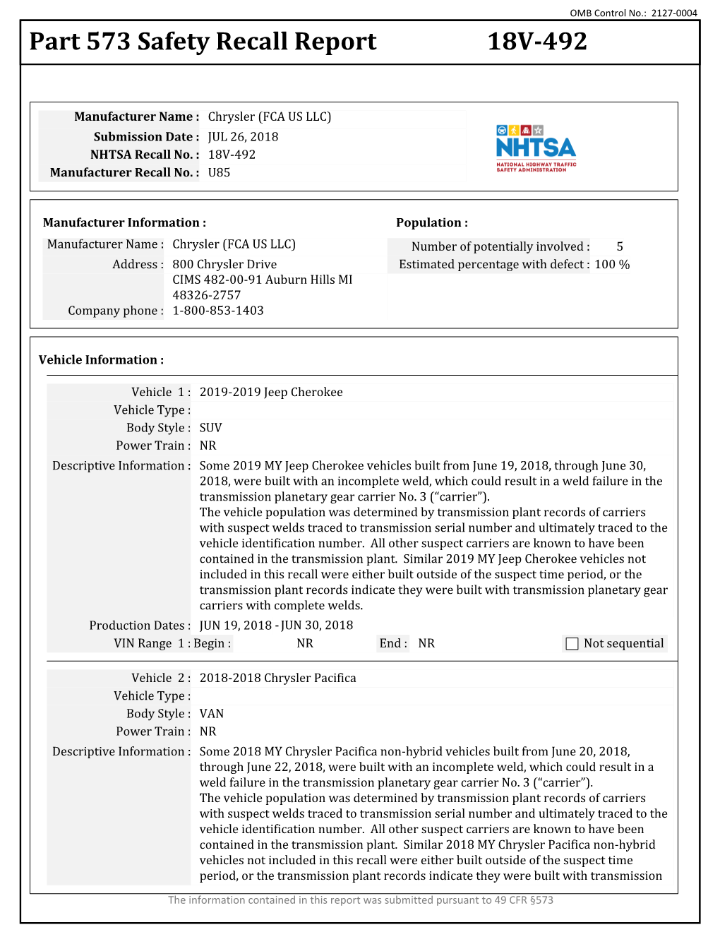 Part 573 Safety Recall Report 18V-492