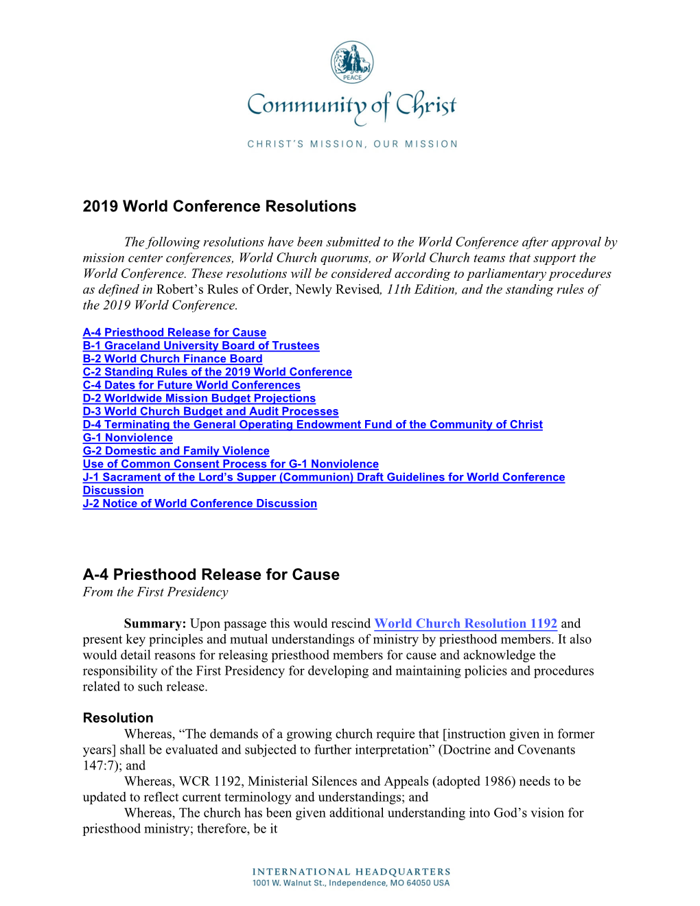 2019 World Conference Resolutions A-4 Priesthood Release for Cause