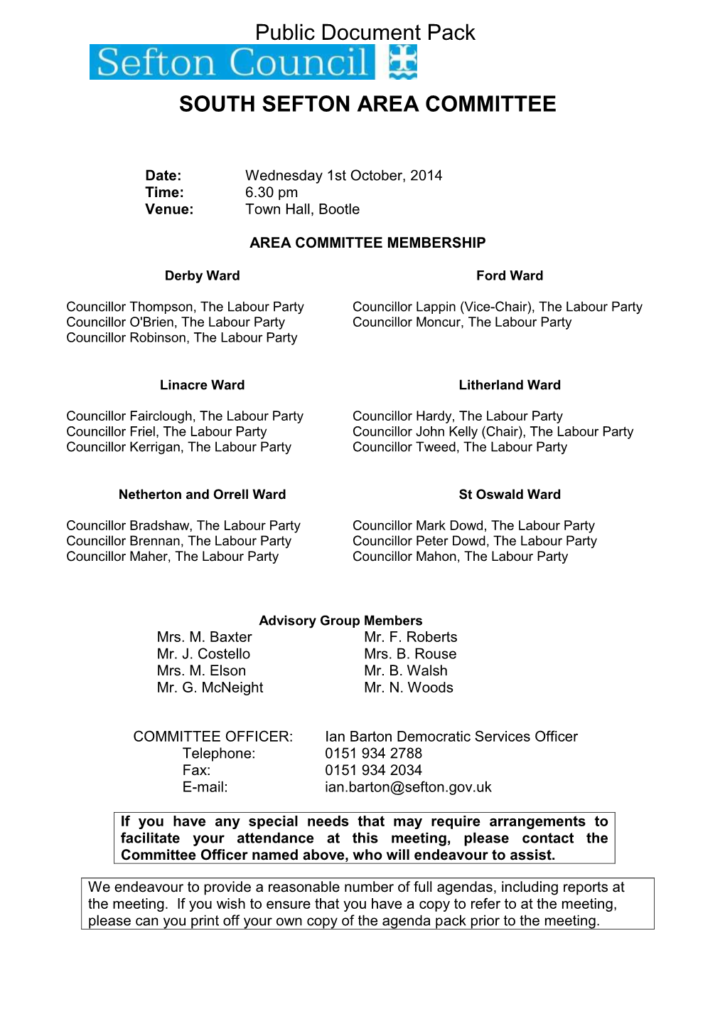 (Public Pack)Agenda Document for South Sefton Area Committee, 01