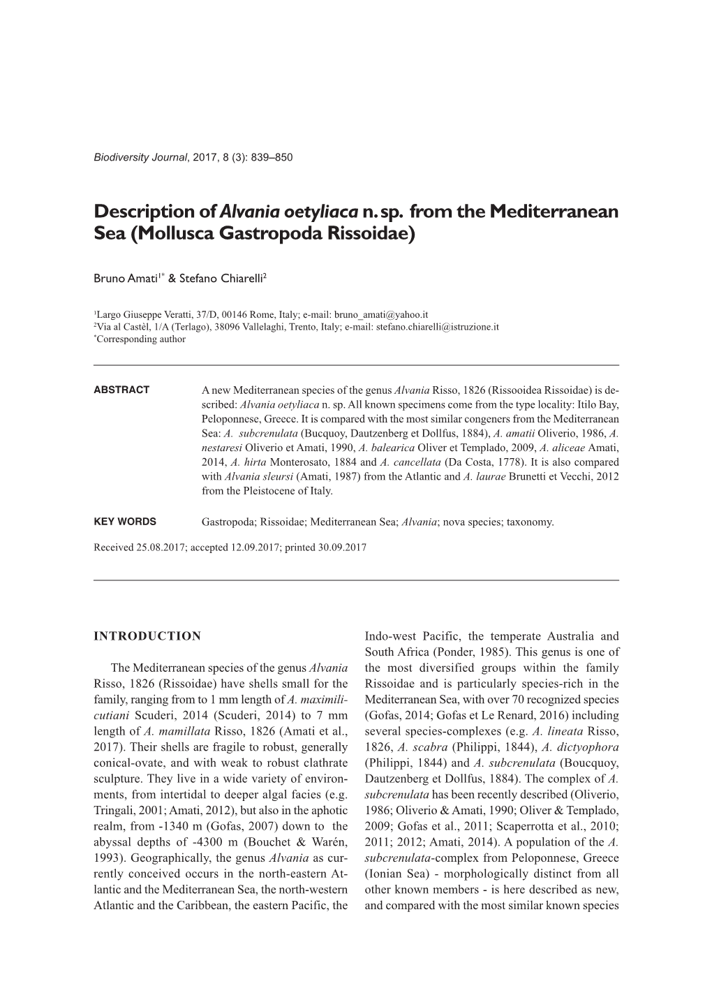 Description of Alvania Oetyliaca N. Sp. from the Mediterranean Sea (Mollusca Gastropoda Rissoidae)