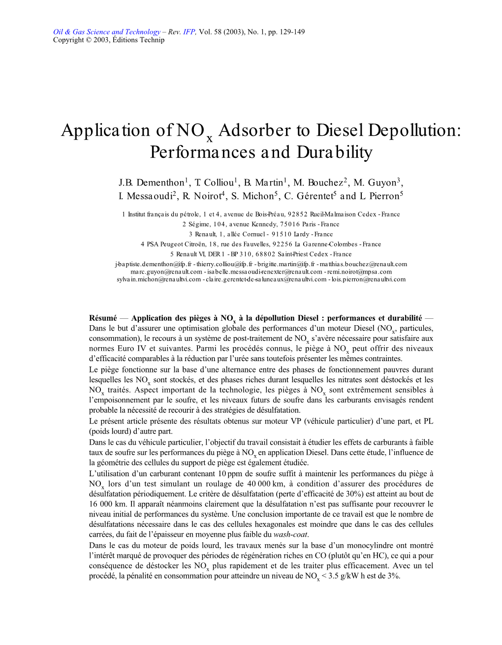 Application of Nox Adsorber to Diesel Depollution: Performances and Durability