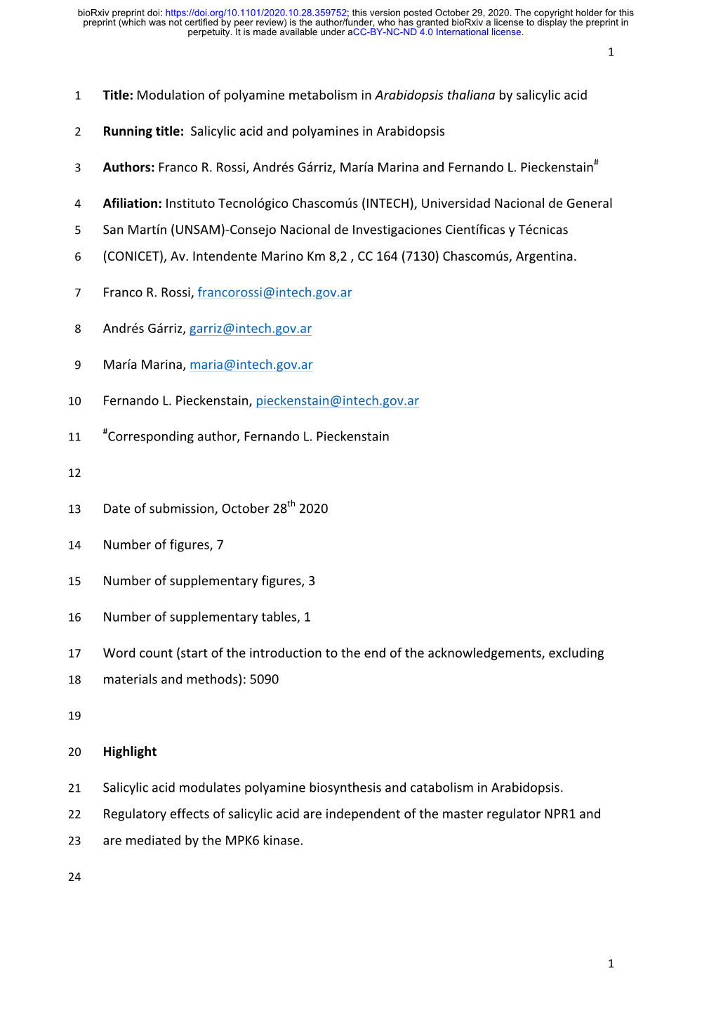 Modulation of Polyamine Metabolism in Arabidopsis Thaliana by Salicylic Acid