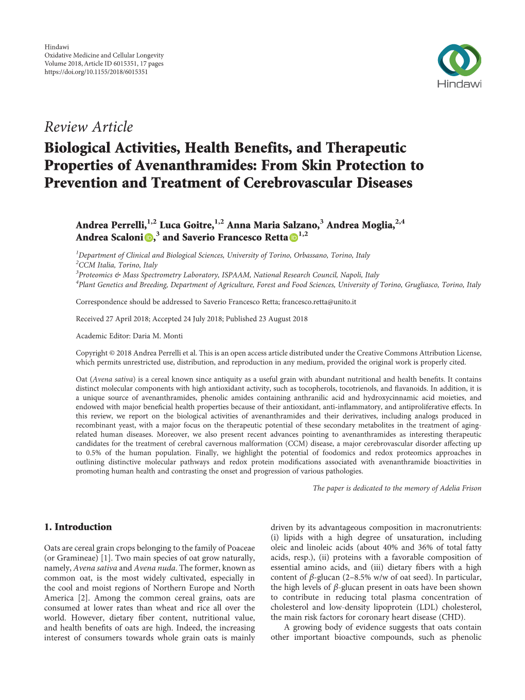 Biological Activities, Health Benefits, and Therapeutic Properties of Avenanthramides: from Skin Protection to Prevention and Treatment of Cerebrovascular Diseases