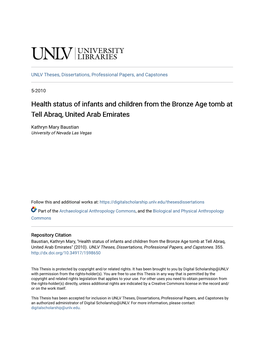 Health Status of Infants and Children from the Bronze Age Tomb at Tell Abraq, United Arab Emirates