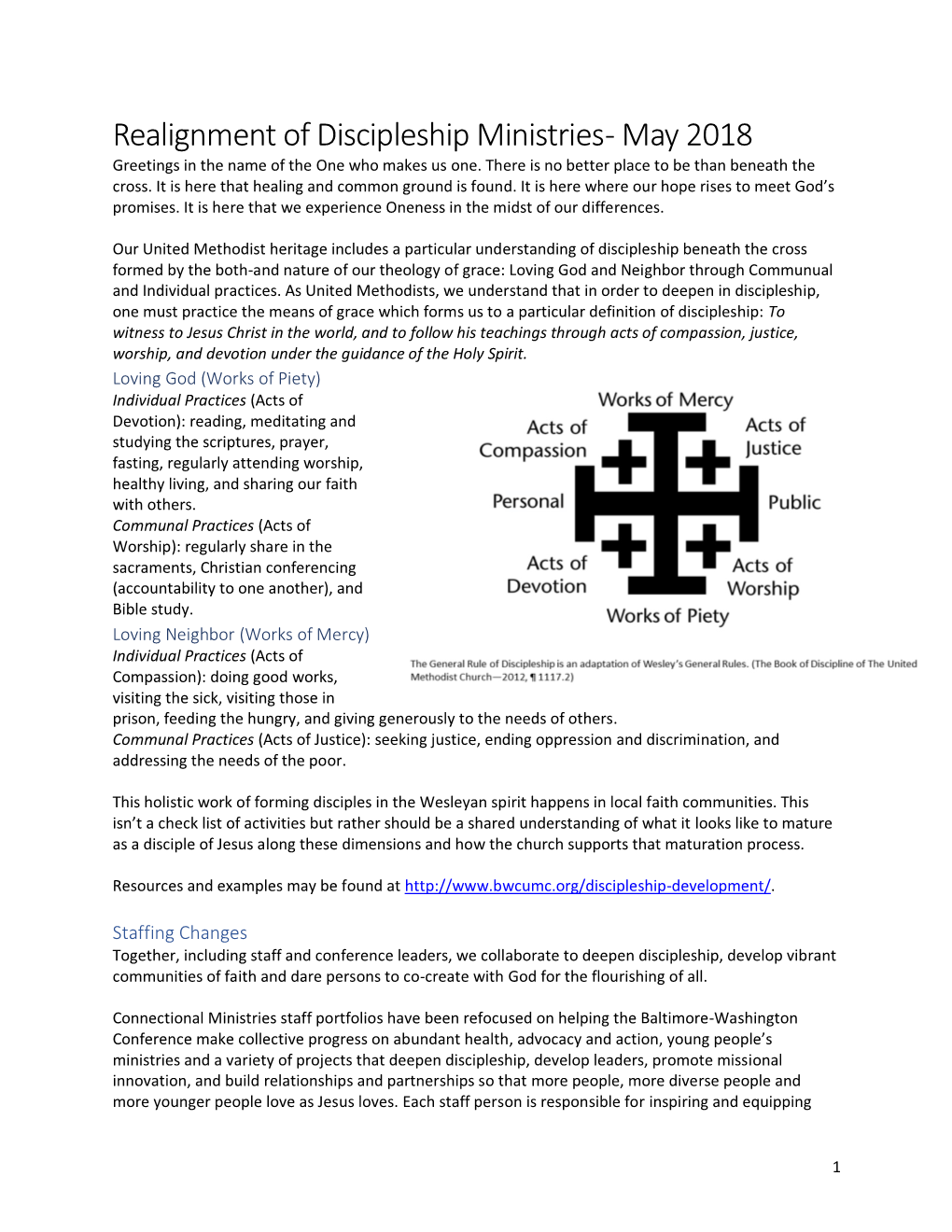 Realignment of Discipleship Ministries - May 2018 Greetings in the Name of the One Who Makes Us One