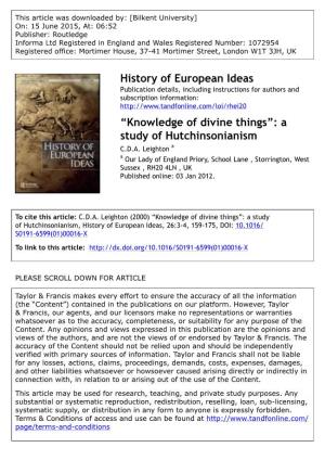 History of European Ideas “Knowledge of Divine Things”: a Study Of