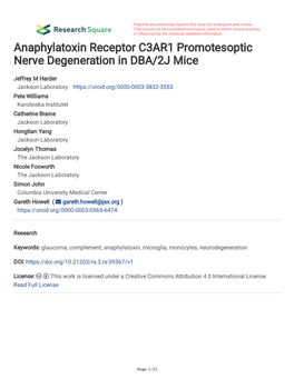Anaphylatoxin Receptor C3AR1 Promotesoptic Nerve Degeneration in DBA/2J Mice
