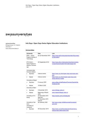 Info Days / Open Days Swiss Higher Education Institutions Universities