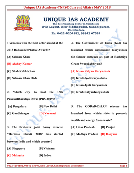 Unique IAS Academy-TNPSC Current Affairs MAY 2018