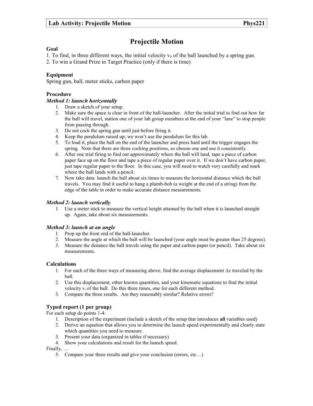 Lab Activity: Projectile Motion Phys221