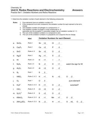 Chemistry 30 Unit 6: Redox Reactions and Electrochemistry Answers Practice Set 1: Oxidation Numbers and Redox Reactions