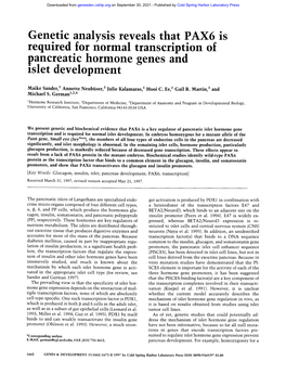 Genetic Analysis Reveals That PAX6 Is Required .For Normal Transcription of Pancreatic Hormone Genes and Islet Development
