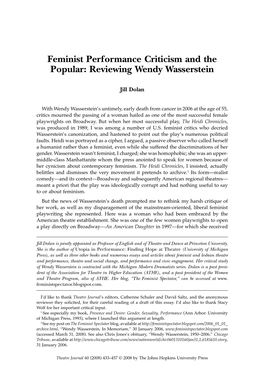Feminist Performance Criticism and the Popular: Reviewing Wendy Wasserstein