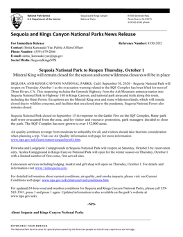 Sequoia National Park to Reopen Thursday, October 1 Mineral King Will Remain Closed for the Season and Some Wilderness Closures Will Be in Place