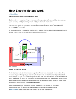 How Electric Motors Work by Marshall Brain Introduction to How Electric Motors Work